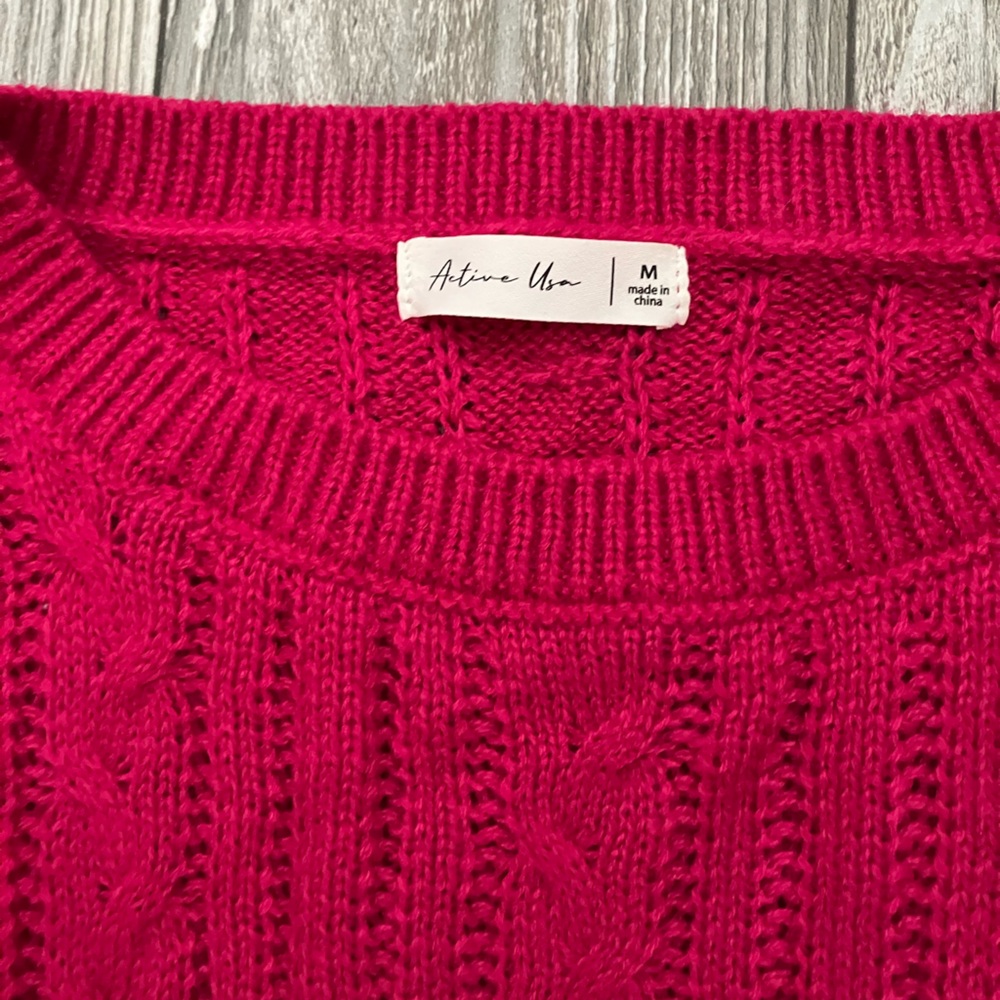 🌸 Active USA Cable Knit Crewneck Sweater in Bright Pink - Picture 2 of 4